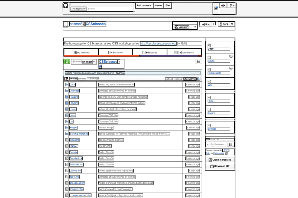 Screenshot of the CSSclasses GitHub page with elements highlighted with black borders.
